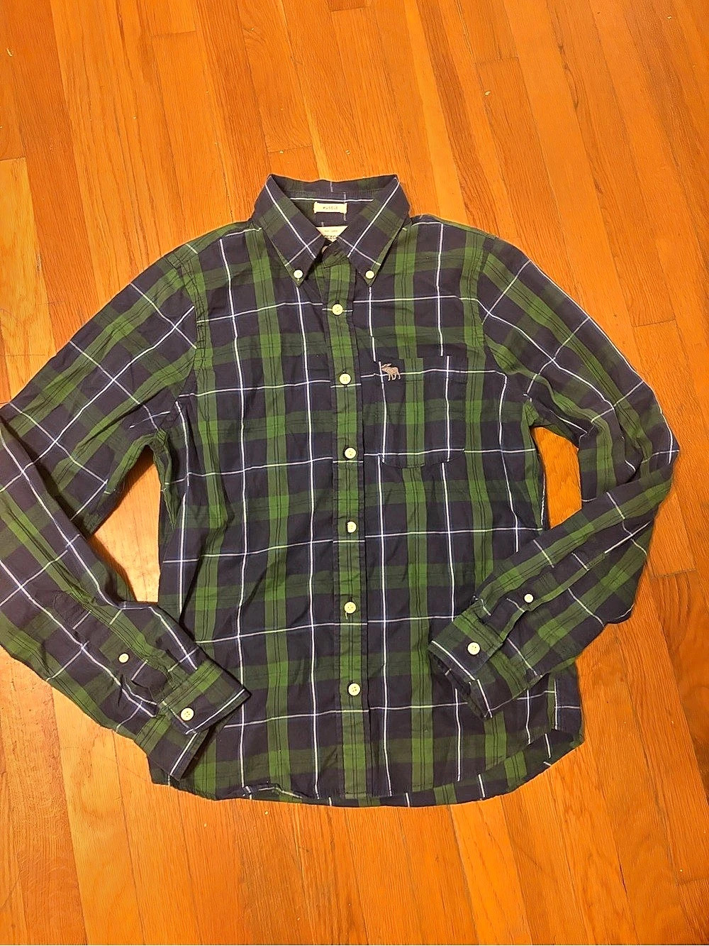 Abercrombie & Fitch Muscle Fit Green Blue Plaid Button Down Shirt Plaid Button